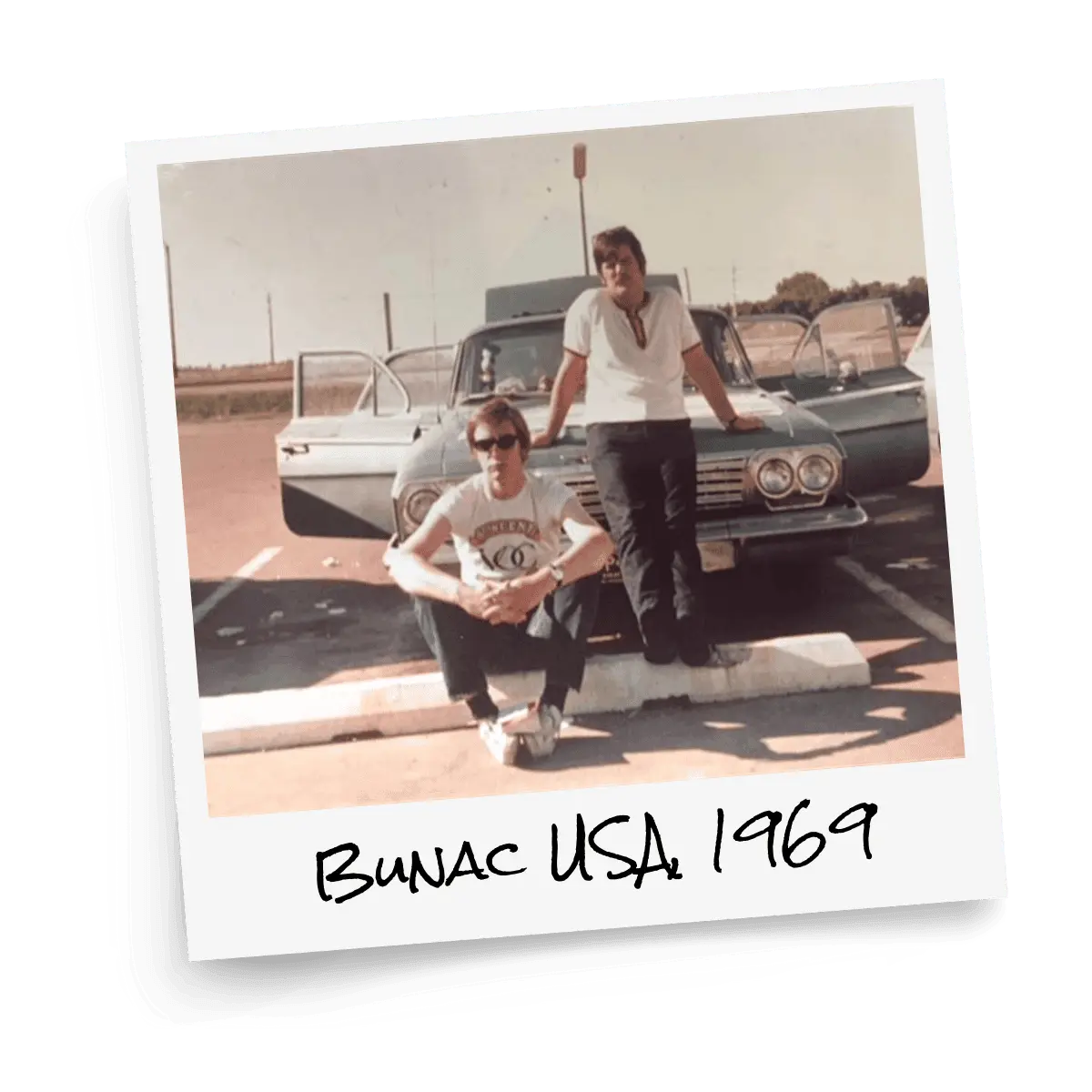 Old polaroid image of two men standing and sitting in front of an old American car from 1969.